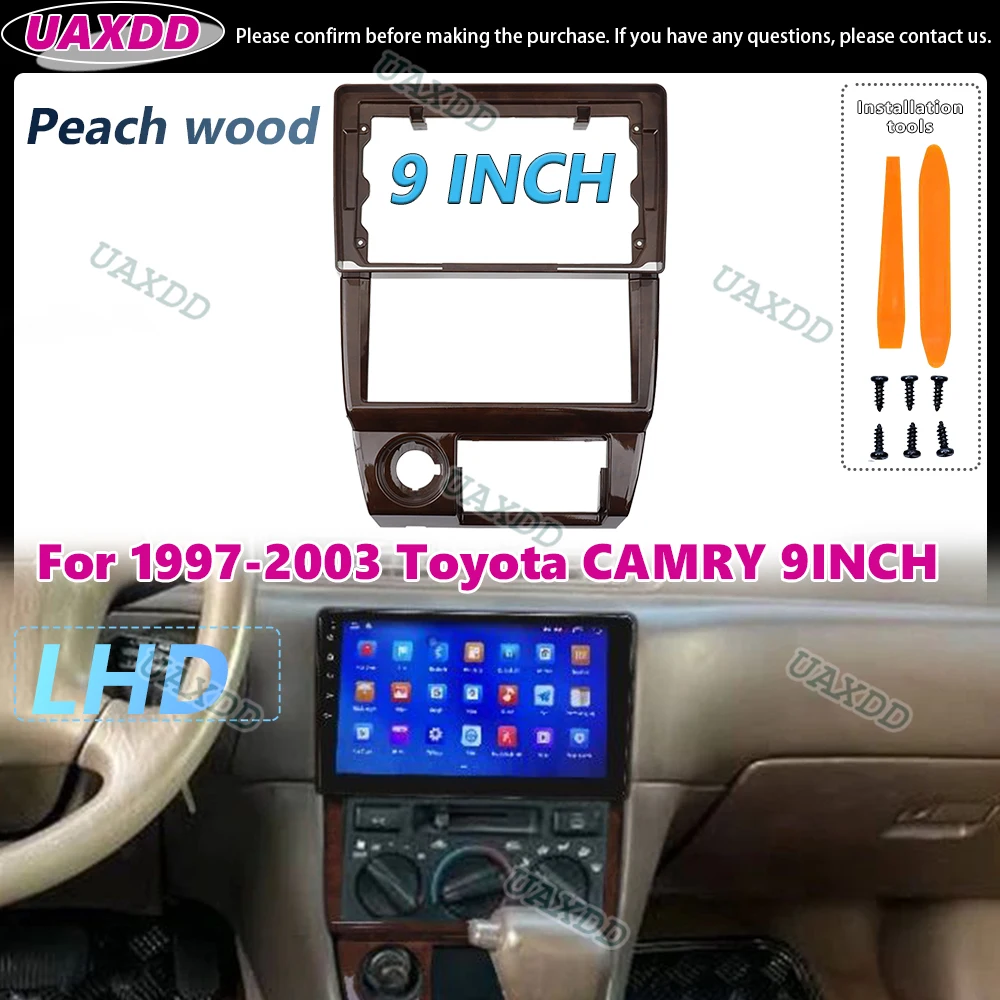2 Din Car Frame for 1997-2003 Toyota Camry 9 Inch Peach Wood Left-Hand Drive Android Navigation Dashboard Panel Center Fascia MP