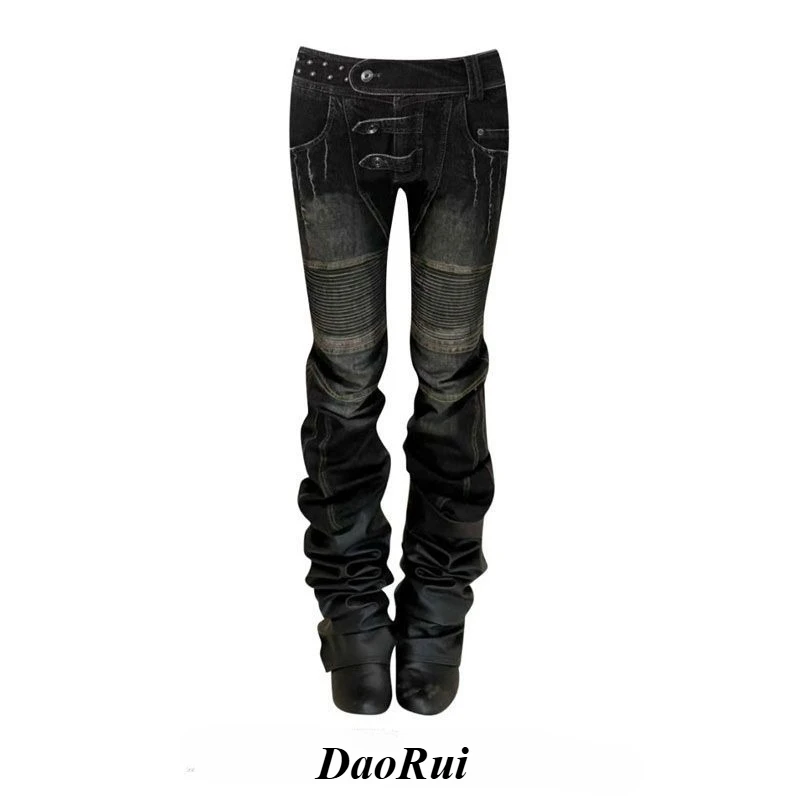 American Streetwear Full Length Denim Jeans Washed Vintage Women Bodycon Low Waist Pants Y2k Retro Distressed Button Patchwork
