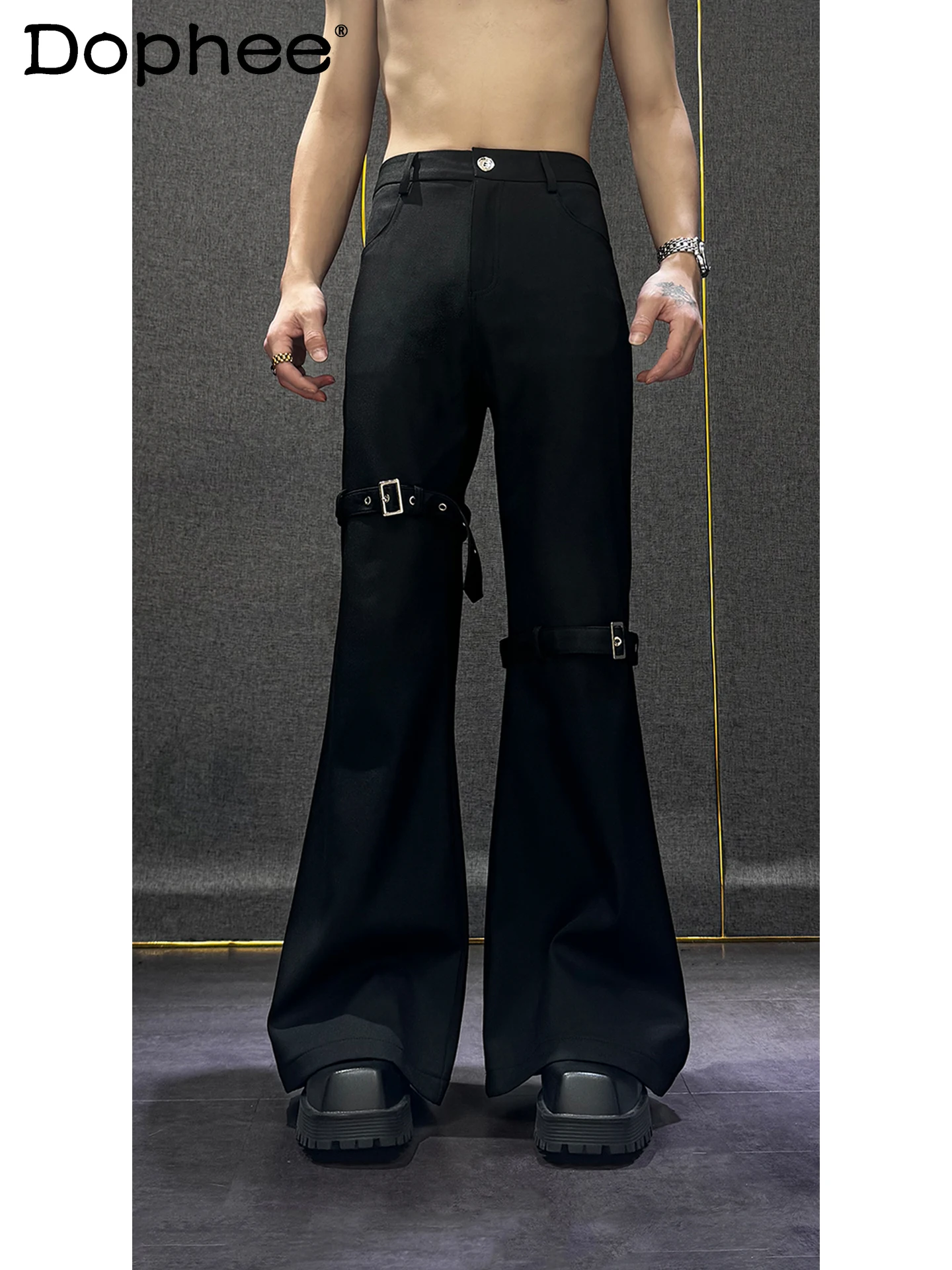 Fashion Trendy Men's Lace-Up Patchwork Design Sense Dress Pants High-End Personality  High Street High-Waist Flared Casual Pants