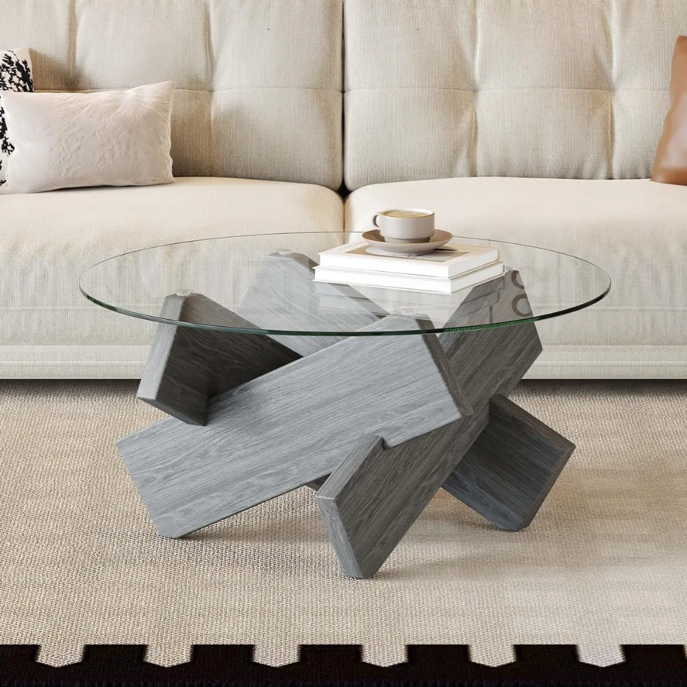 Modern Clear Glass Coffee Table 33-Inch Round Small Living Room Accent Table Suitable for Farmhouse and Contemporary Styles