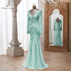 Luxurious Mint green Long Sleeve Sequin Gown Deep V-Neck Embellished Pattern Mermaid Formal Dress Elegant Evening Special Events