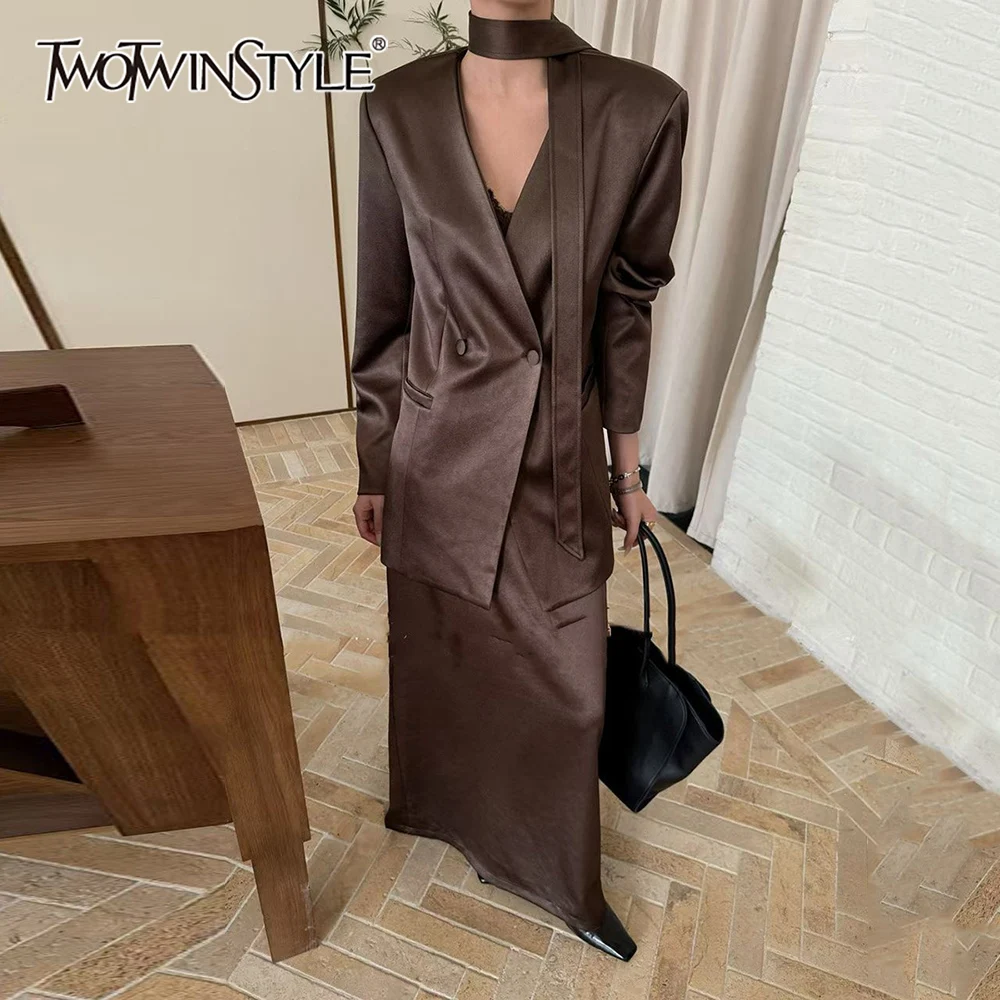 

TWOTWINSTYLE Solid Spliced Lace Up Two Piece Set Female V Neck Long Sleeve Jacket Elegant Women's Skirts Set Autumn Fashion New