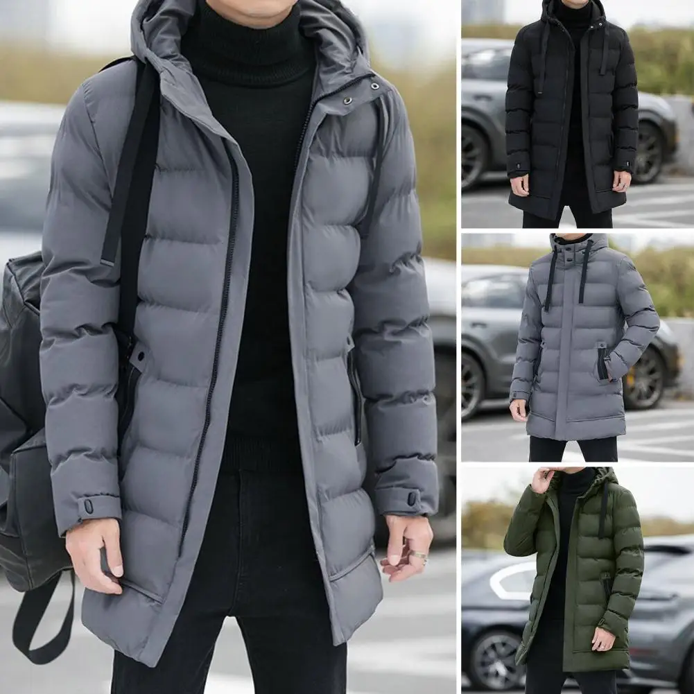 Men Cotton Coat Men's Hooded Cotton Coat with Drawstring Zipper Placket Pockets Solid Color Quilted Outwear for A Stylish