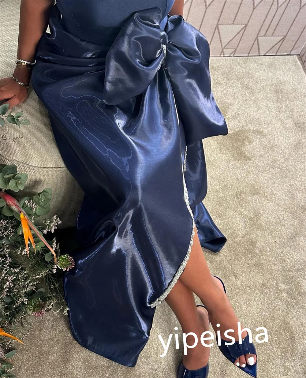 Customized Fashion Asymmetrical One-Shoulder A-line Prom Dress Formal Ocassion Gown Bowknot Satin vestidos de coquetel