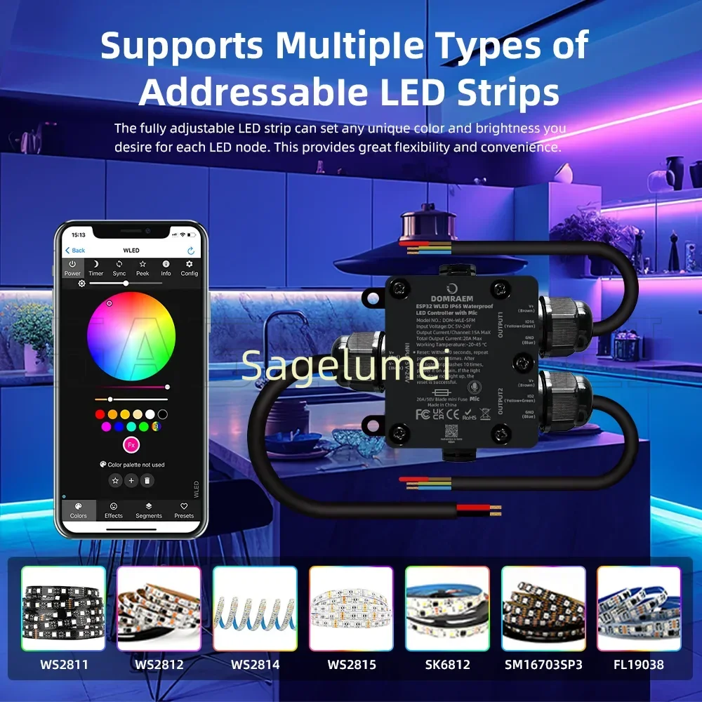 IP65 مقاوم للماء لتقوم بها بنفسك DOMRAEM WLED وحدة تحكم بالموسيقى ESP32 الرقمية الذكية شريط إضاءة LED تحكم ل WS2811/12B/14 الخ. ها اليكسا
