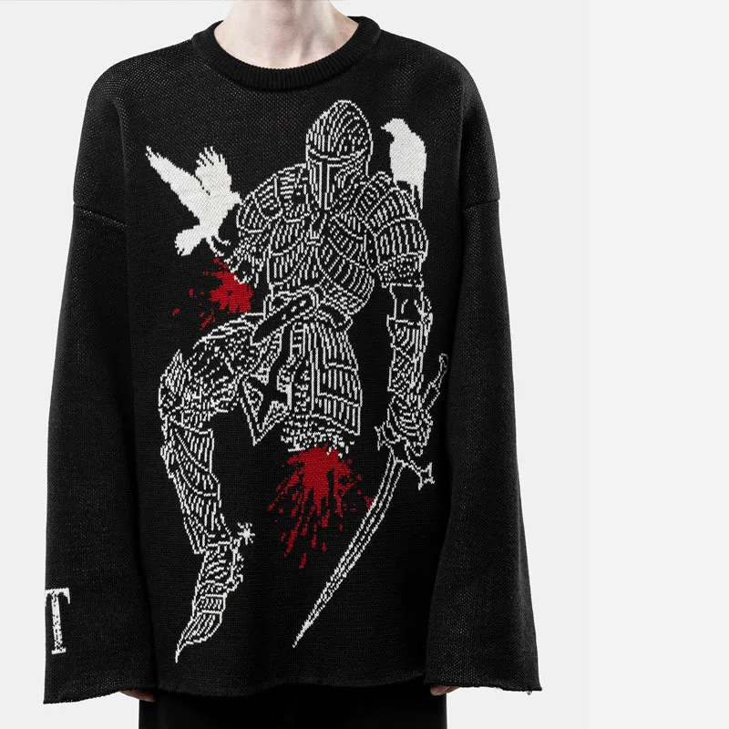 

Унисекс свитер на осень-зиму 2026, парный, с аниме-жаккардом, в готическом стиле, темный, вязаный пуловер, уличная одежда