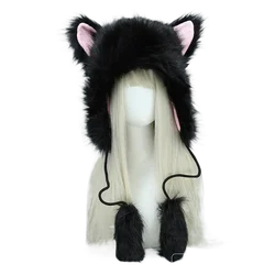 Oohmy Y2k Beanie for Women Girls Cap Cat Ears Winter Warm Handmade Flush Hats Pompom Cosplay Party Performance Costume Headpiece