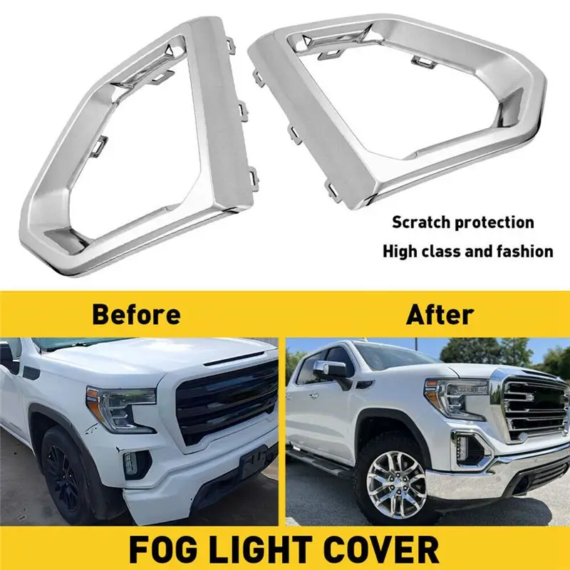 A96E-For GMC Sierra 2019-2021 Denali SLT Front Fog Light Outer Bezel Cover Chrome Set Parts Accessories