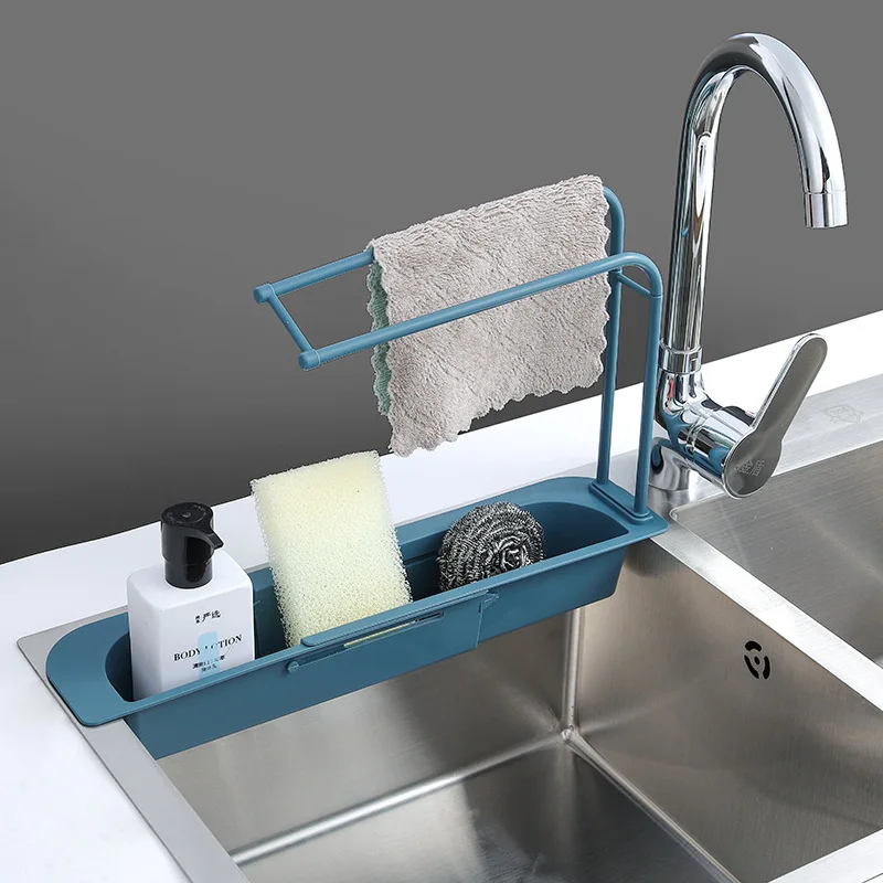 PP Sink Rack Kitchen Bathroom Faucet Storage Shelf Place Supplies Resistance Drain Holder with Hanging Rod Sponge Cleaning Tools