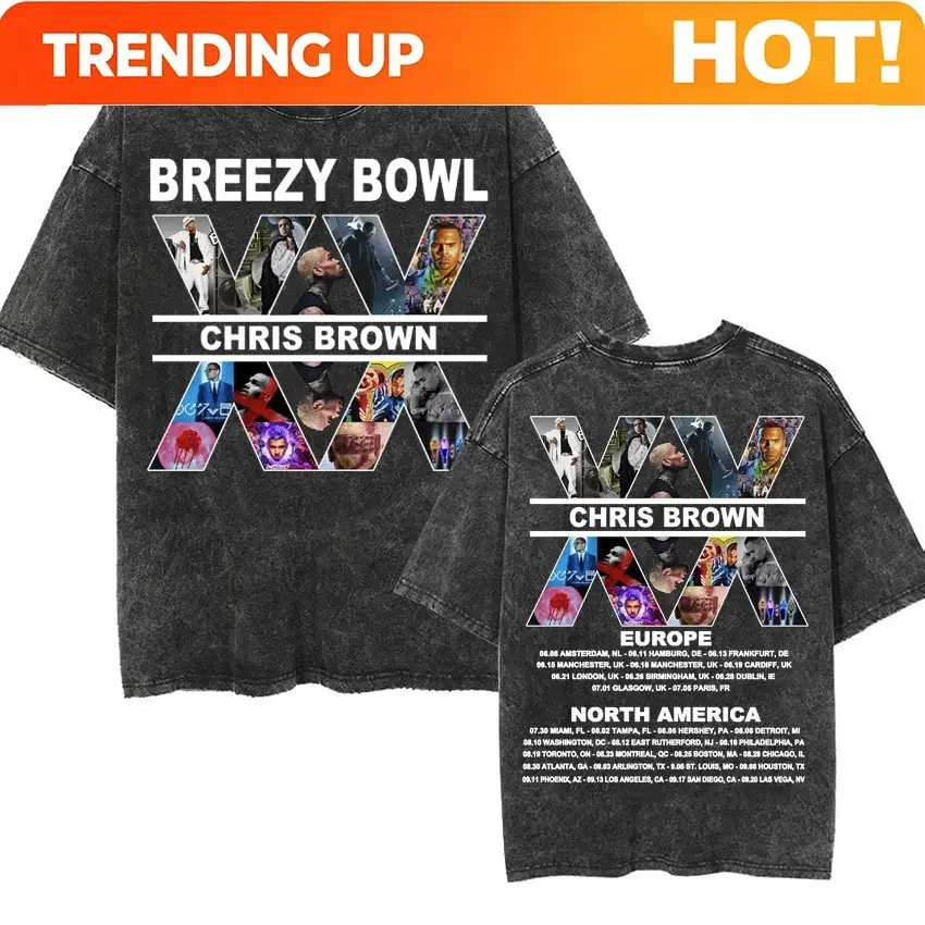Customization Hot Sale Chris Brown Breezy Bowl XX 2025 Tour Vintage Washed T-shirts Men Women Hip Ho Ppunk T Shirts Casual Overs