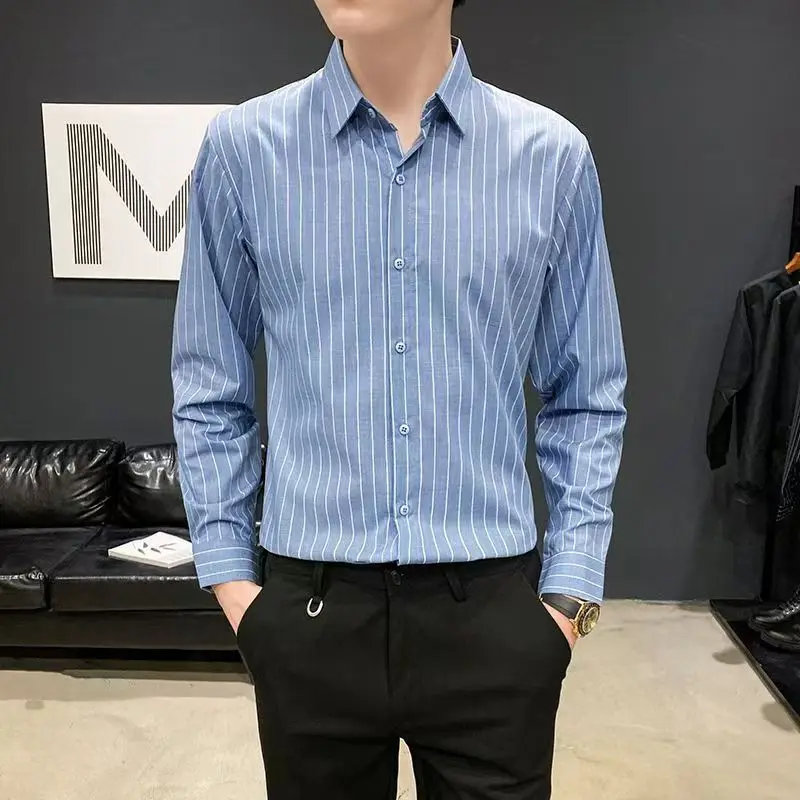 

Мужская рубашка в полоску с длинным рукавом, весна-осень, приталенная, не требующая глажки, устойчивая к сминанию, повседневная, деловая, премиум-класса