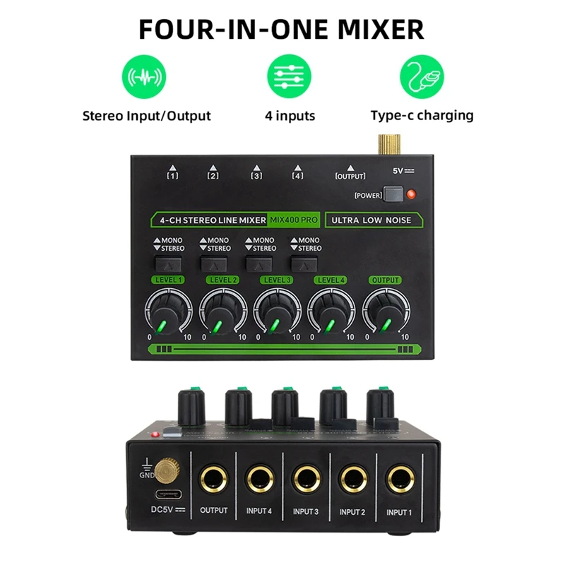 AIAI Mix400 Pro 4 Channel Professional Sound Mixer With RGB Light Mini Audio Mixer Line Mixer Small Audio Mixer For Club Bar