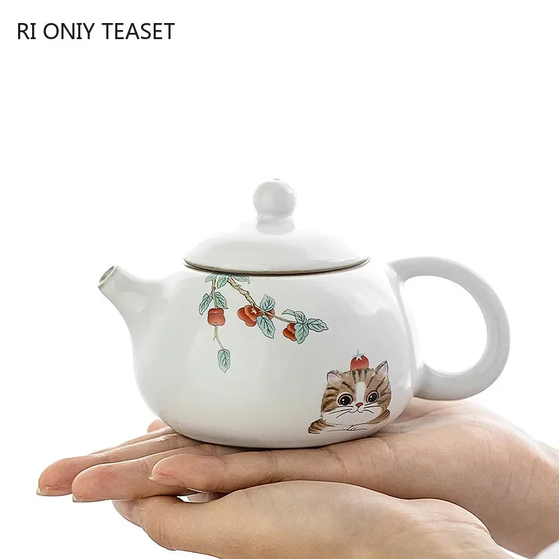 210ml Chinese Ru Kiln Ceramic Teapot Ball Hole Filter Hand-painted Cute Cat Pattern Tea Pot Handmade Xishi Kettle Tea Set