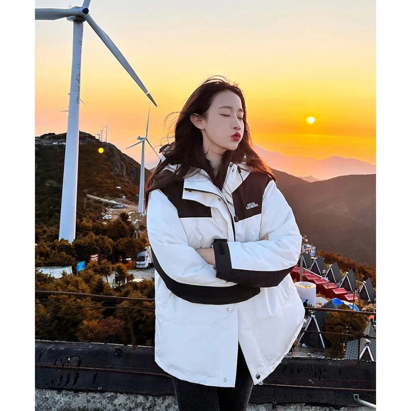 Women White Down Jacket Coat Contrasting Colors Fashion Hooded American Streetwear Y2K Duck Down Feather Female Winter Outwear