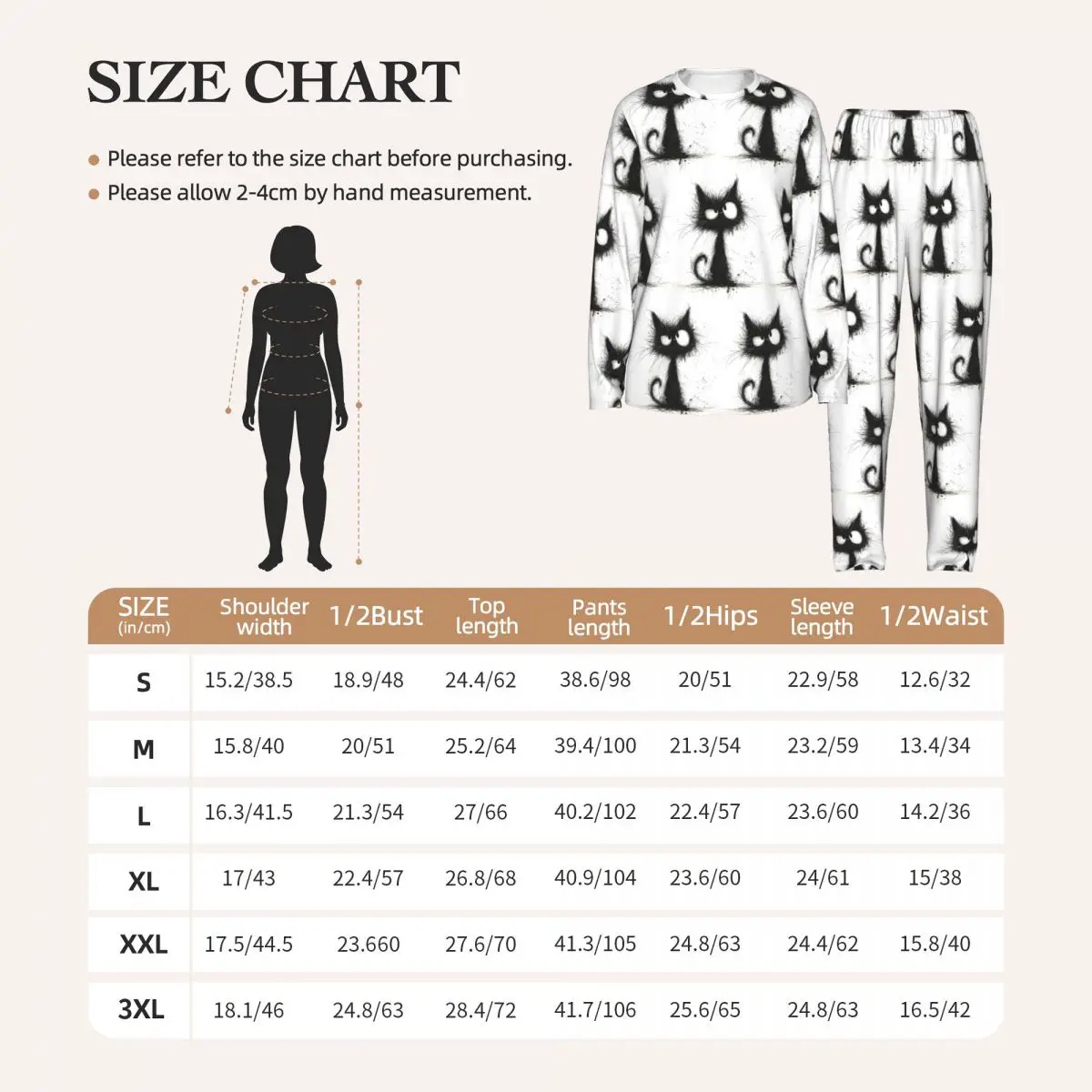 Abstract Cartoon Black Cat Round Neck Long Sleeve Nightgowns for Sleeping Sleepshirts Women Soft Pajama Set Long Pants