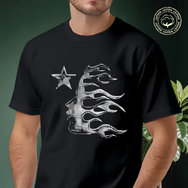 

Star And Flame Design Motorcycle T-Shirt Men Hip Hop Streetwear Unisex Casual Fashionable Short Sleeve Tops Tee
