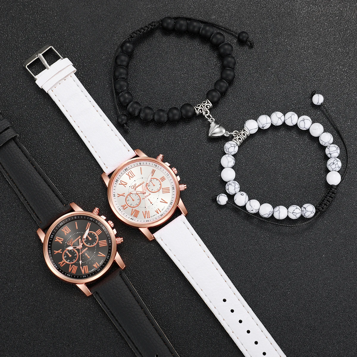 4PCS/Set Couple\'s Watches Fashion Roma Dial Leather Band Analog Quartz Watches Bracelets Set（Without Box）