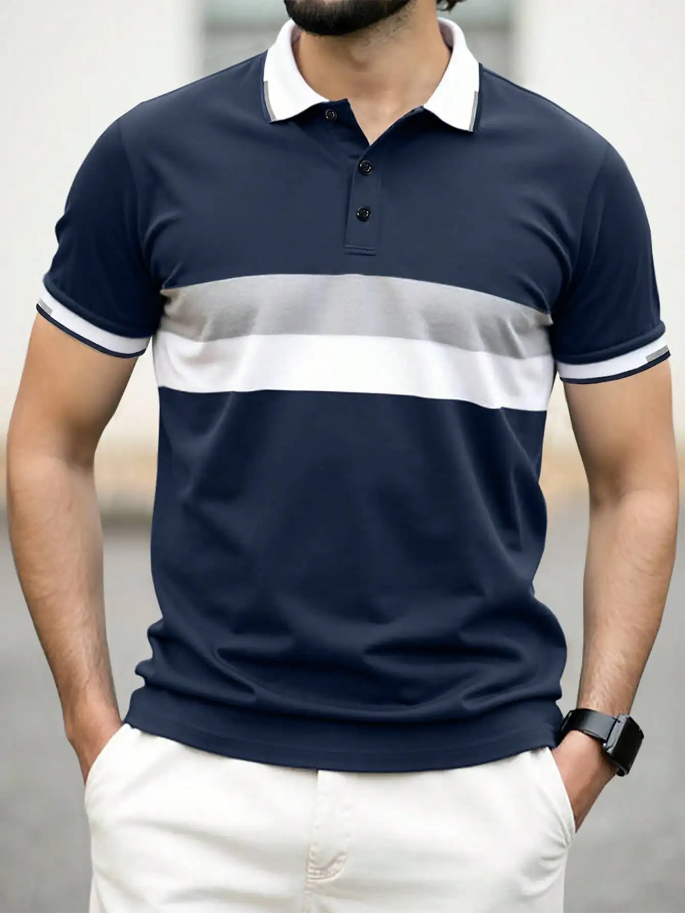 

Men's Navy Blue Colorblock Stripe Polo Shirt with White Collar and Cuffs