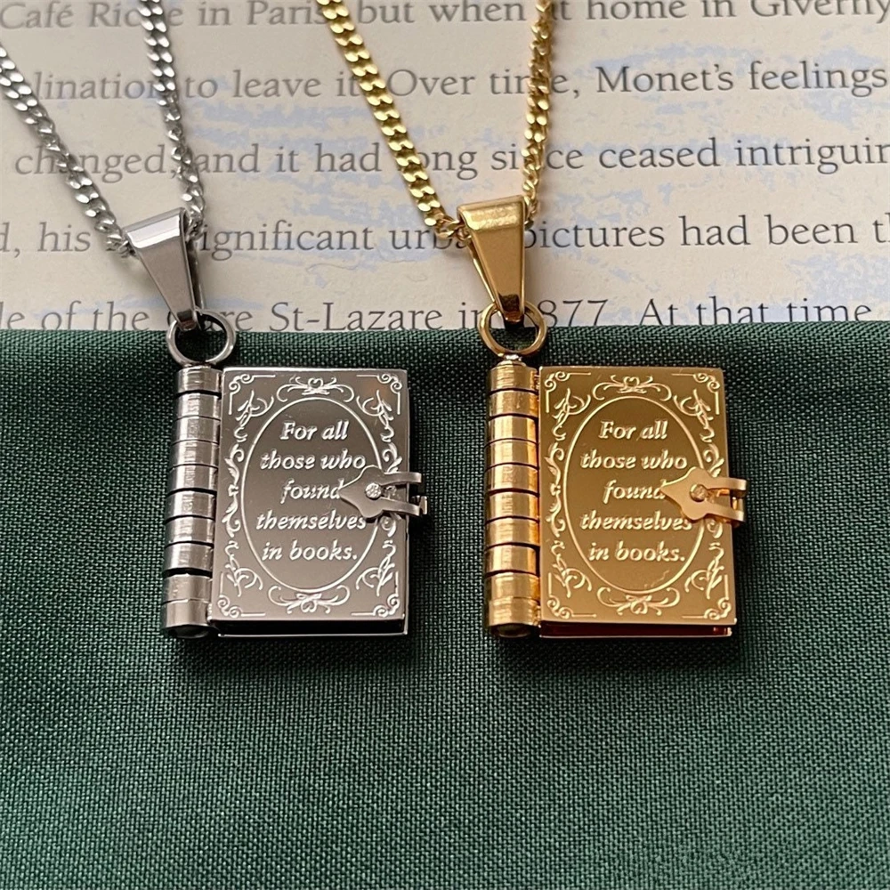 Vintage Open Book Pendant Necklace for Women Stainless Steel Handmade Multi Layer Book Booklover Necklace Librarian Gifts