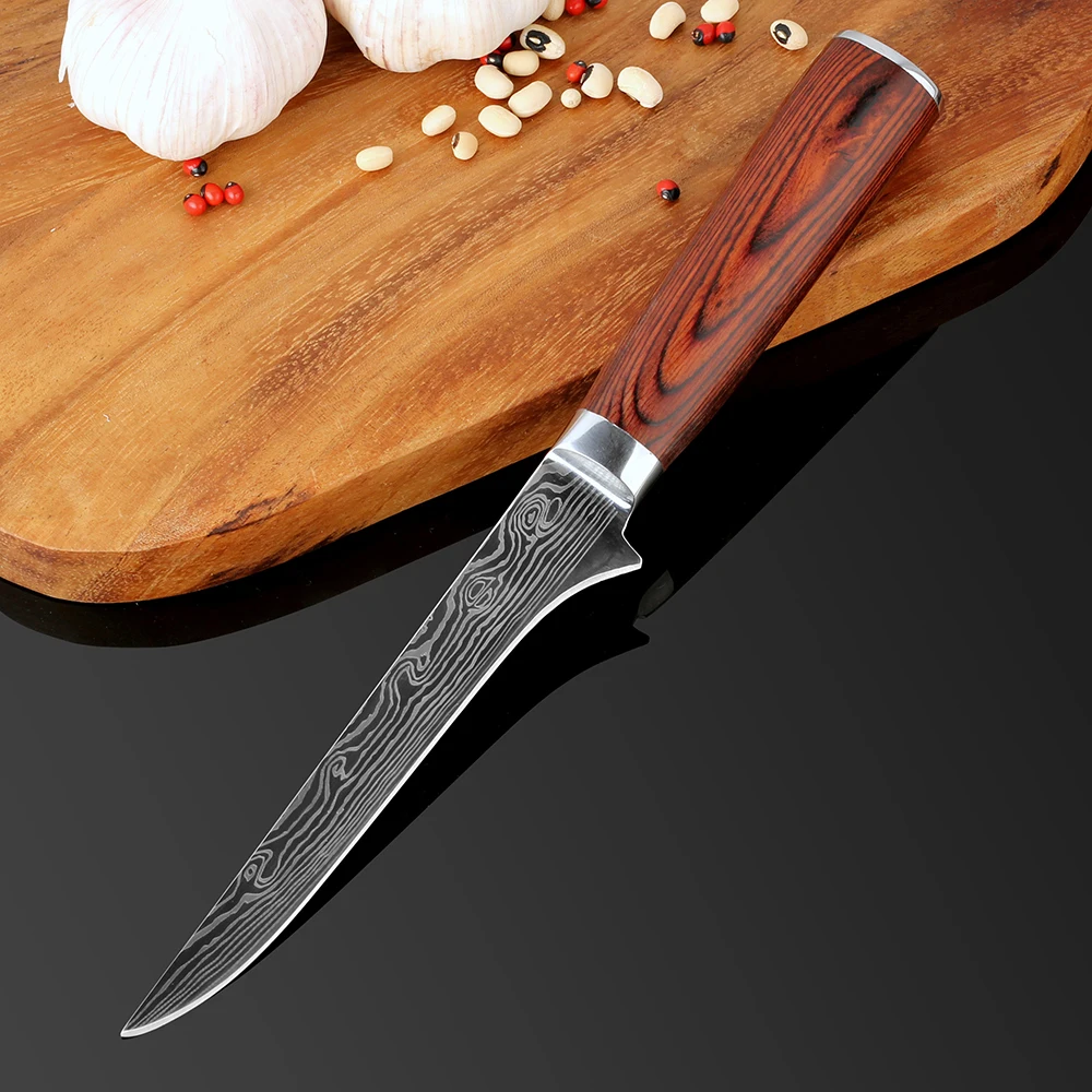 

Boning Knife 6 Inch Stainless Steel Laser Damascus Pattern Sharp with Redwood Handle, Japanese Fillet Knife Pro Deboning Knife