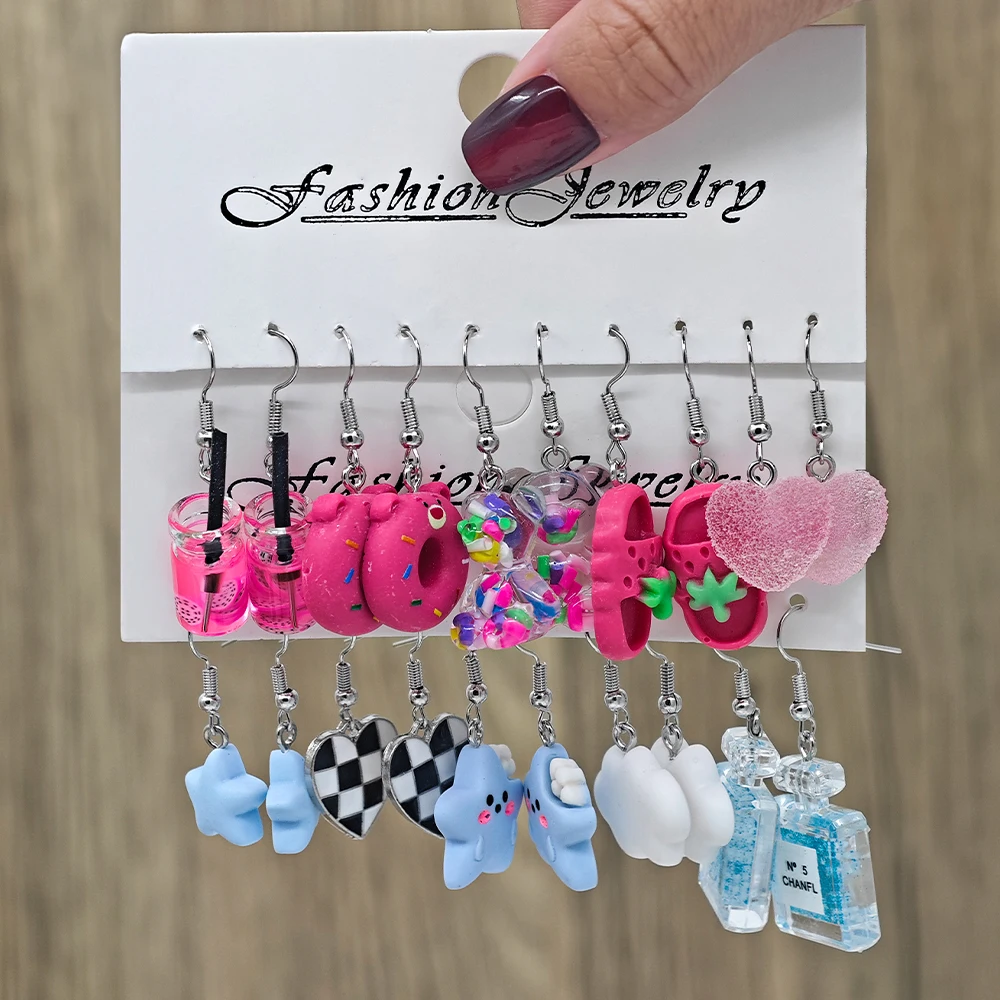 10 pairs of resin earrings set, colorful simulation cute cartoon creative girl earrings