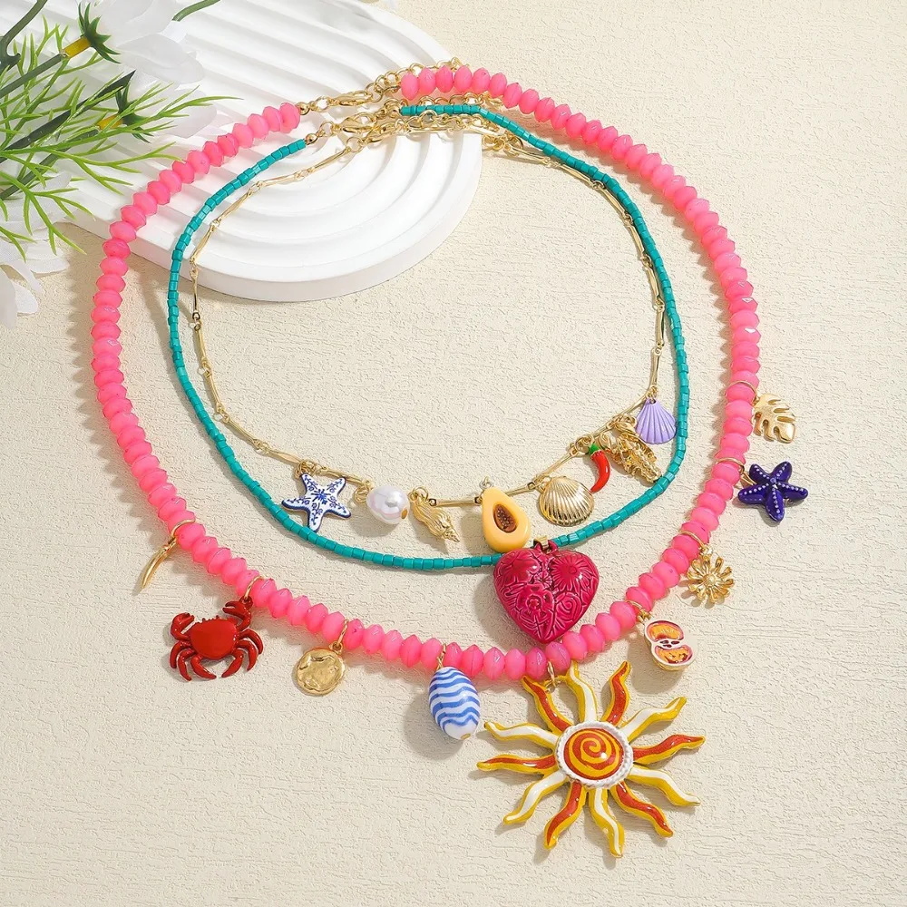

3 шт. новое многослойное ожерелье из бисера для летних каникул, дофамин, раковина, краб, аксессуары для шеи, сердце, сплав, подвеска для лица от солнца