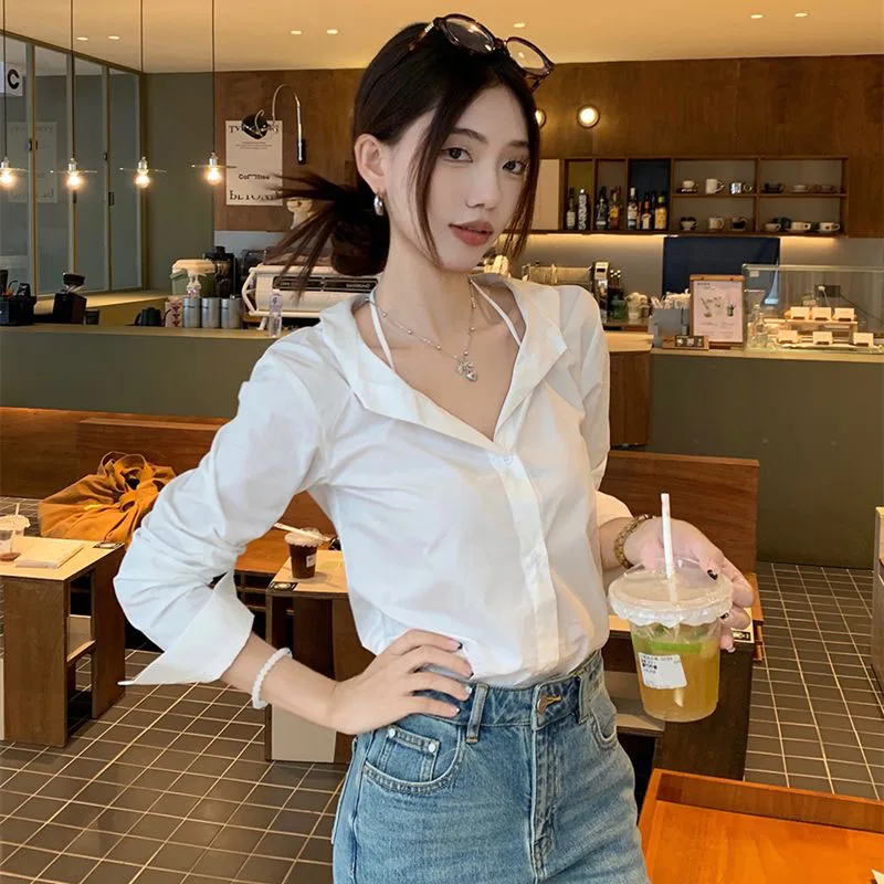 

Lucyever Korean Fashion Desig V-Neck Shirt Women Long Sleeve All-Match Office Lady White Shirts Spring Summer New Casual Blouses