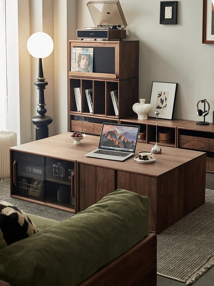 

Black walnut free TV module low cabinet solid wood multi functional floor bookcase locker