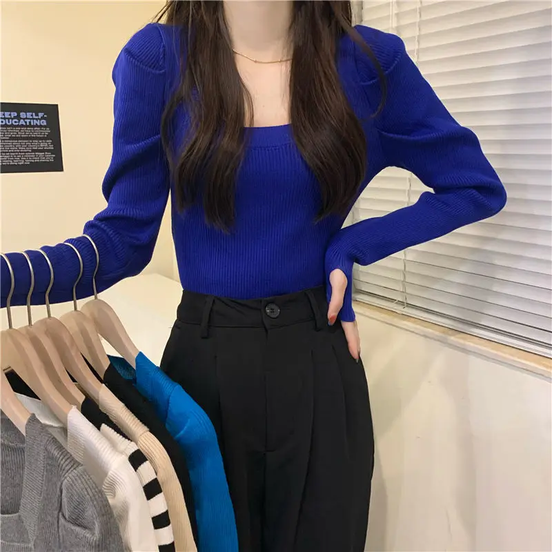 Pullovers Women French Style Inside Leisure Sweater Square Collar Crop Personal Puff Sleeve Elegant Sexy Sweet Mujer Slim Tender