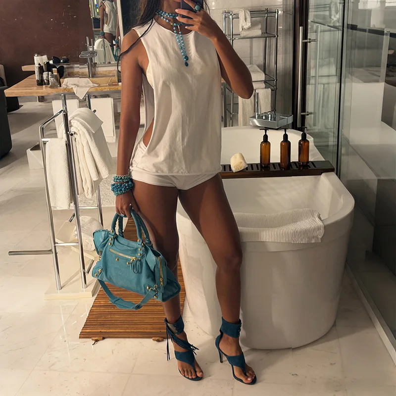 Woman Summer Sexy Style 2 Piece Set Trend o-Neck Side Hollow Design Tank Tops+Skinny Shorts Nightout Club Party Outfits