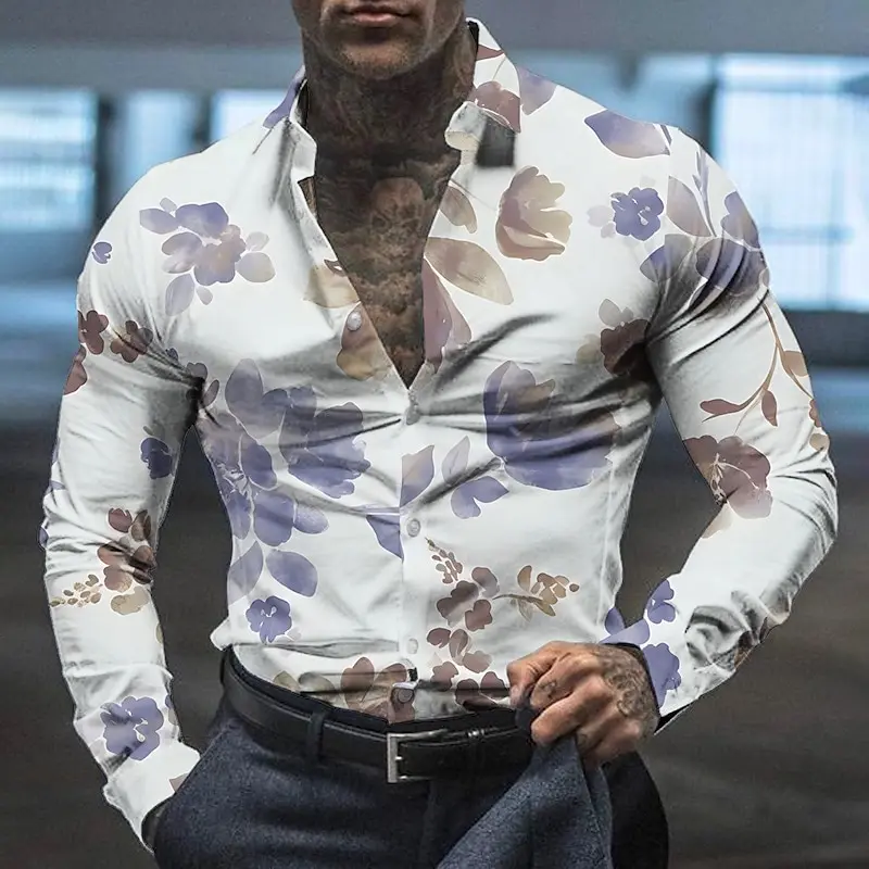 Men\'s shirt floral pattern lapel top outdoor street long-sleeved shirt button design casual and breathable 2024 new style hot sa