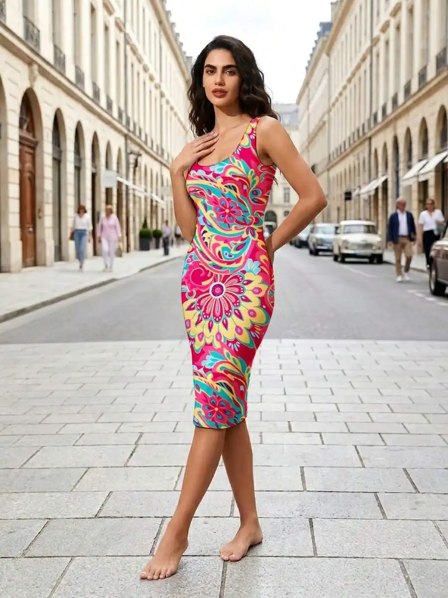 

Colorful Floral Paisley Print Women Bodycon Dress Summer Party Outfit