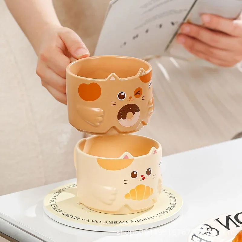 Creative Ceramic Cat Mug Cartoon Stacked Pair Cup High Temperature Resistant Household Children\'s Drinking Coffee Cup