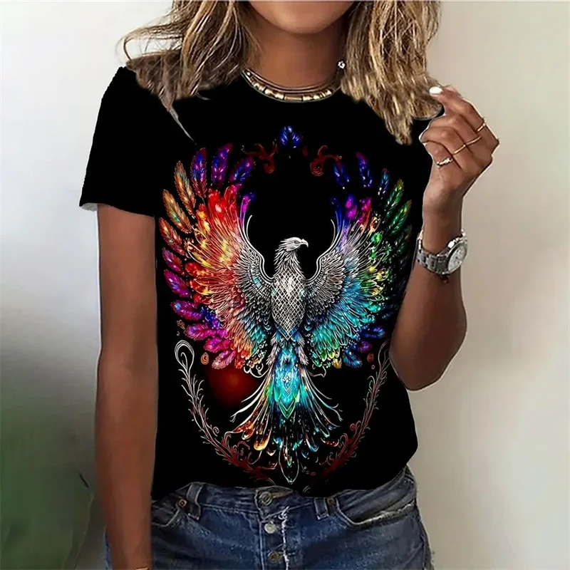 Phoenix Pattern T Shirt For Women Retro Gorgeous 3D Printed Short Sleeves Summer Leisure Tee Round Neck Tops T-Shirts Streetwear