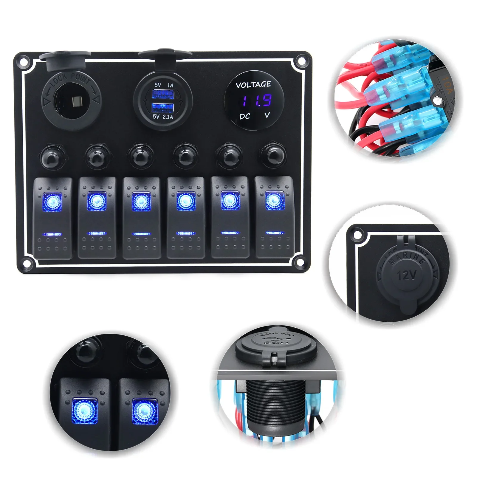 New 12 V~24V Dual USB Charging 6 Toggle Rocker Control Switch Panel Waterproof Digital Voltmeter Circuit Breaker for Car Boat