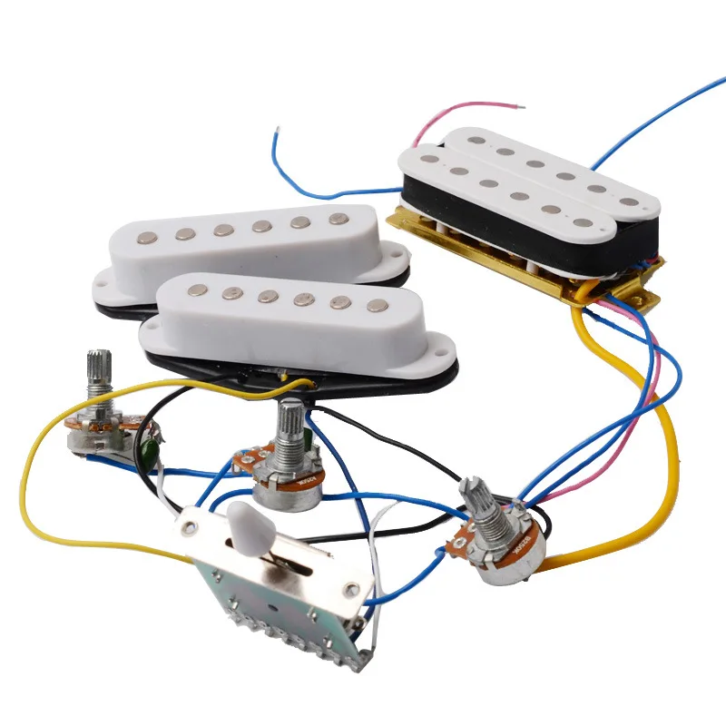 

Electric Guitar HSS Pickup Set with Wiring Harness, ST Style Loaded Pickguard with Potentiometers, Complete Electronics Kit