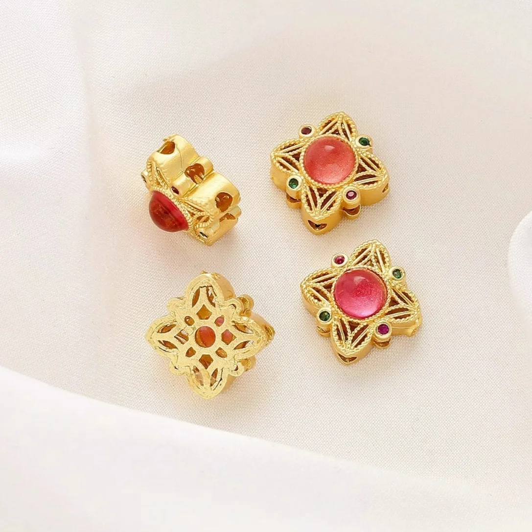 5 Copper Inlaid Round Aquamarine Tourmaline Strawberry Crystal Red Stone Floral Hollow Beads DIY Jewelry Loose Bead Accessories