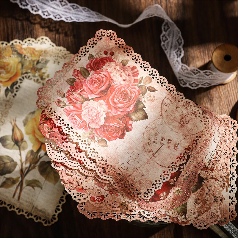Vintage Rose Lace Papel, DIY Diário Decoração, Planta Flor INS Etiqueta, Álbum Scrapbooking, Papelaria Kawaii, 10 Folhas