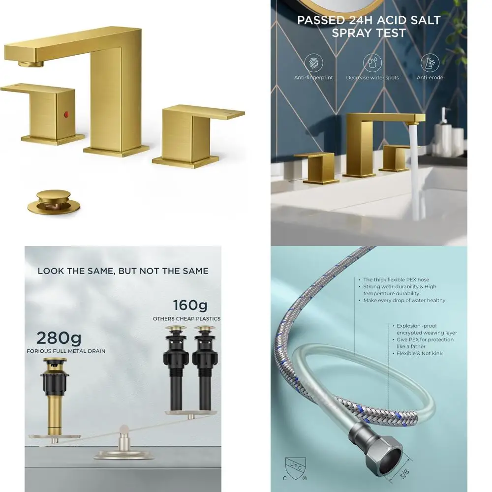 

8 Widespread Brushed Gold Bathroom Faucet, Square Dual Handle, 3-Hole with Metal Drain, 24 CUPC Supply Lines, Vanity Sink Faucet
