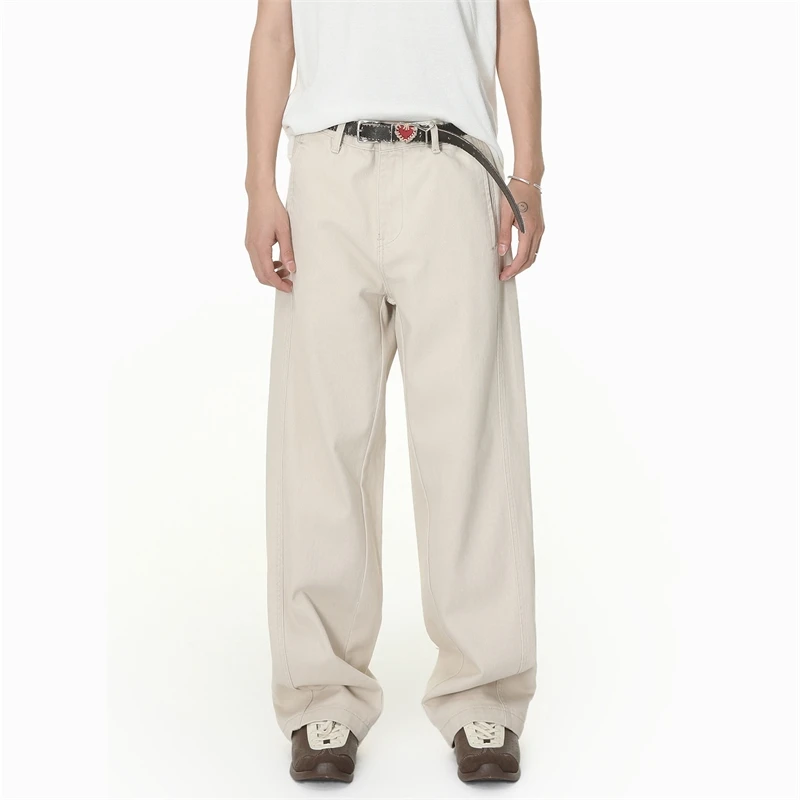 Men's Baggy Refined Pants American Casual Beige Jeans Contrast Stitching High End Cotton Comfortable Daily Bottoms 33UB