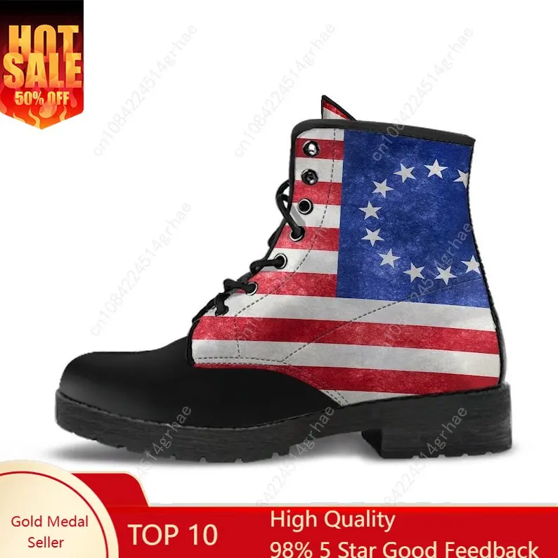 

Betsy Ross Old American Flag Leather Boots, Handcrafted Custom Print, Men's Women's Winter Boots