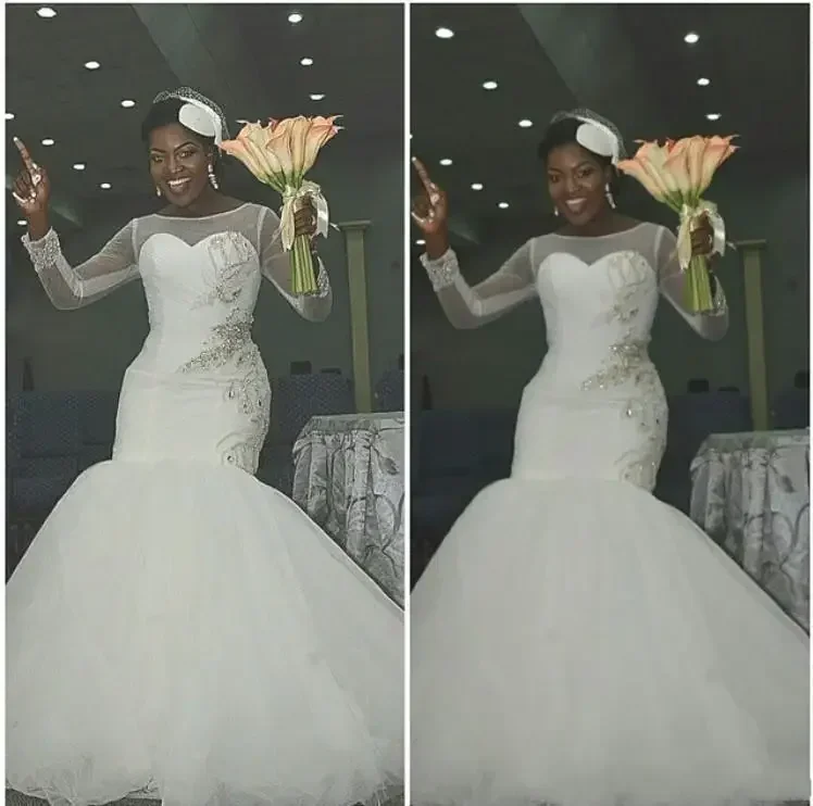 

Customized African Nigeria Beaded Sequins Mermaid Wedding Dresses 2025 Custom Plus Size Long Sleeves Formal Bridal Gown