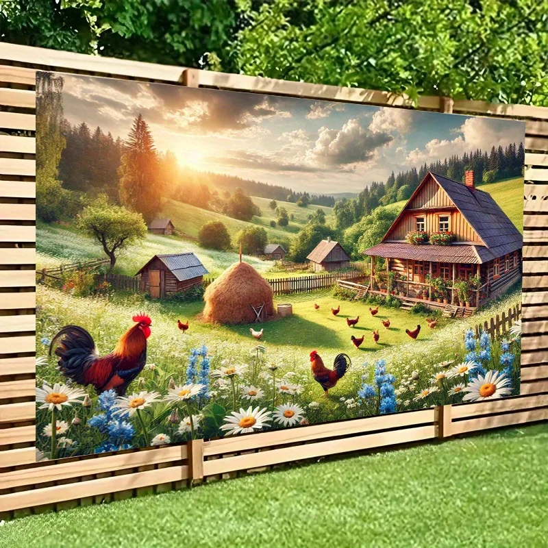 

1 шт. сельский фоновый баннер - полиэстер с принтом курицы и петуха в фермерском доме, украшение для курицы, сельская тема