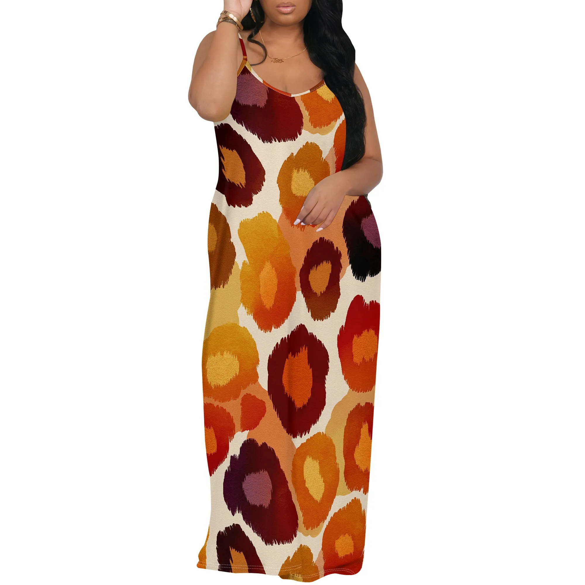 Colorful Leopard Print Spaghetti Strap Maxi Dress S-3XL Loose Fit Summer Style for Music Festival, Streetwear or Art Market Look