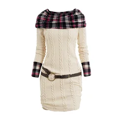 2024 Womens Knitted Dresses Plaid Panel Cable Knit Belted Sweater Dress Cowl Neck Ruched Mini Dress Long Sleeves Fall Dress