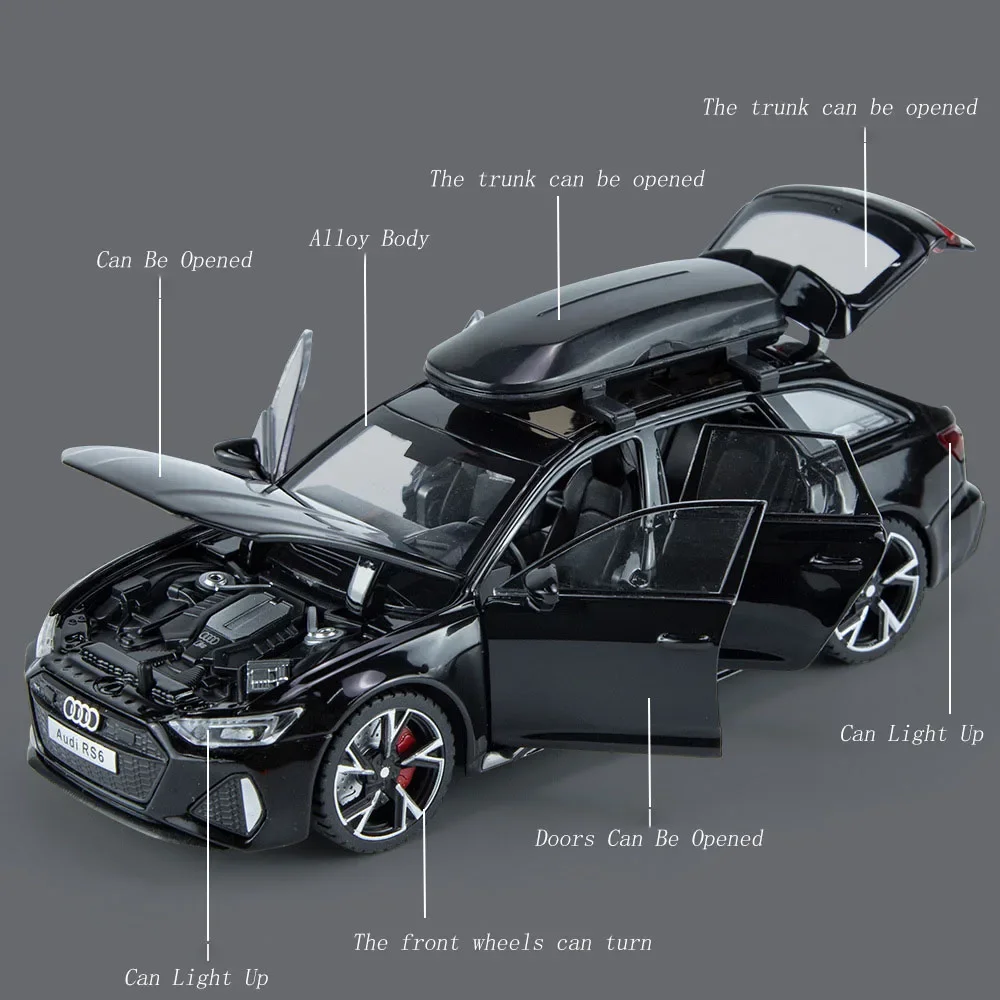 For Audi RS6 Toy Car Model with Sound Light Doors Opened Alloy Diecast Model Vehicle Collection Toy for Boy Adult Festival Gift