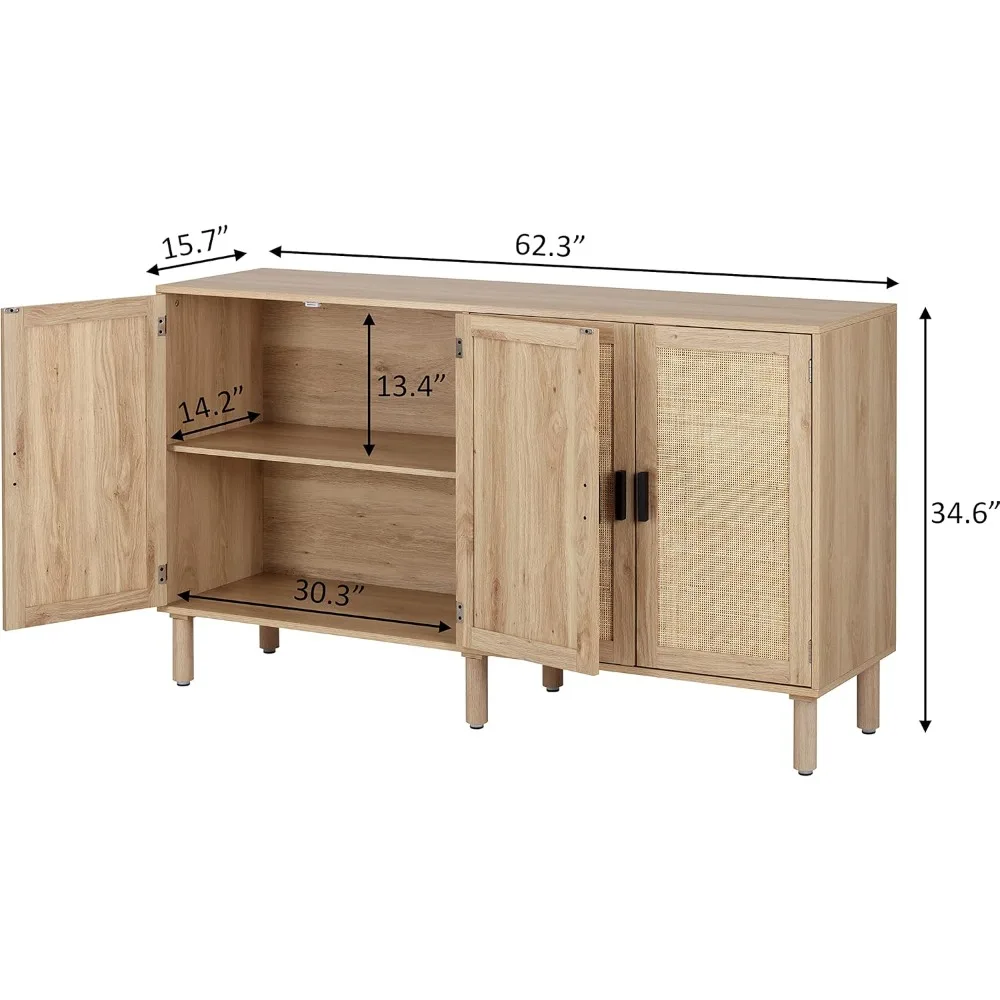 4 kitchen sideboard, rattan trim door, cabinet control table, bar cabinet, 62.3X 15.7X 34.6 inches, natural