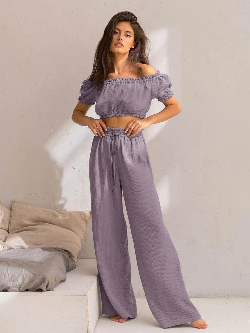 

Marthaqiqi Casual Women Nightwear Suit Sexy Slash Neck Pajama Short Sleeve Nightgowns Crop Top Nightie Pants Ladies Home Clothes