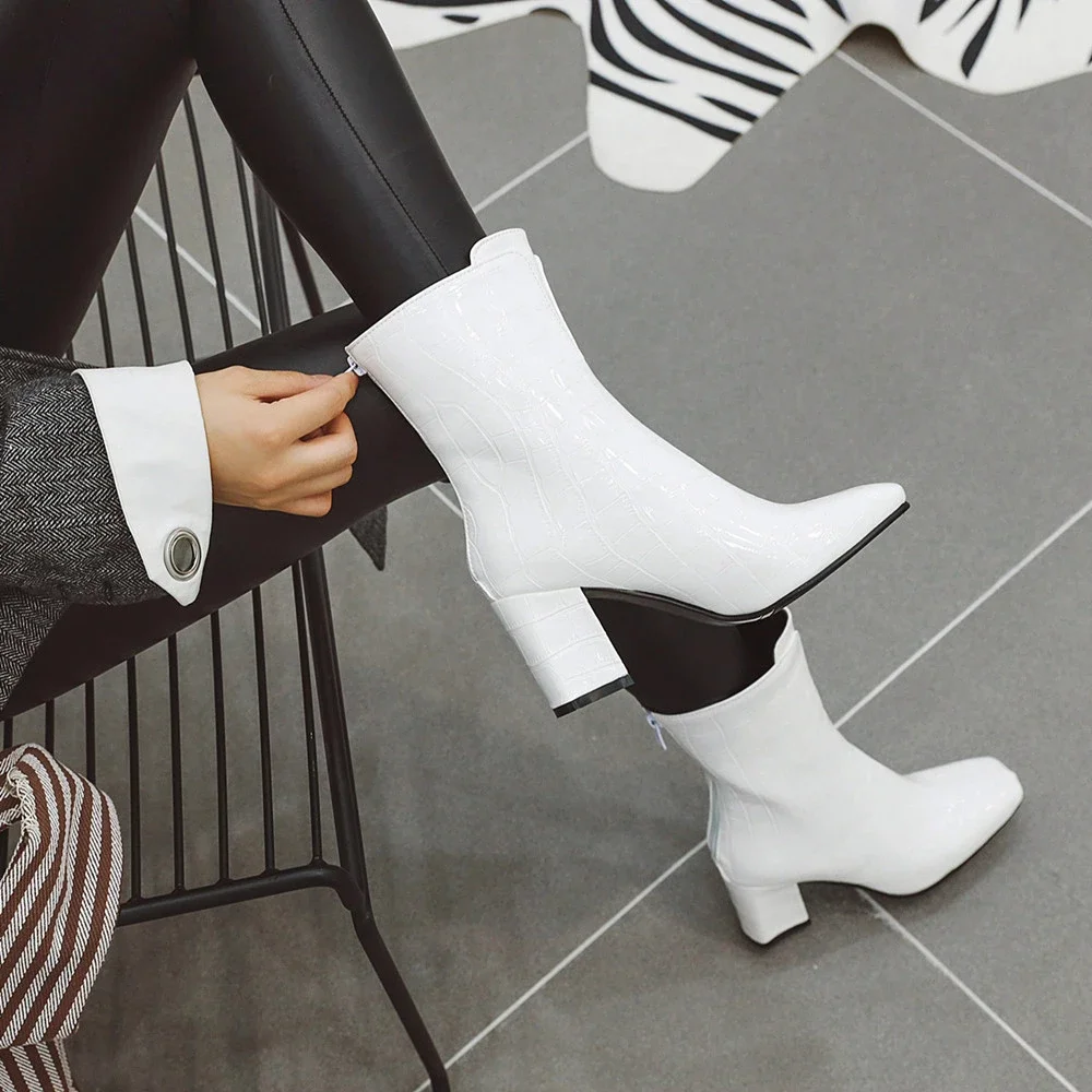 2024New Women Ankle Boots Female Zip Autumn Winter PU Leather Square Toe Ladies Chelsea Boats High Heels Booties White Red Black