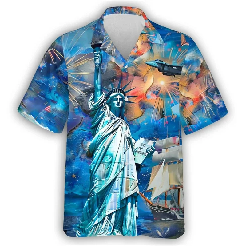 USA Flag Soldier Free Pattern Hawaiian Shirt For Men Eagle Cattle 3D Printed Aloha Shirts Casual Lapel Tops Short Sleeves Blouse